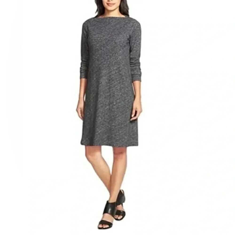 NWT Eileen Fisher Cotton-Wool Bateau Neck Knit Shift Dress Charcoal (L)